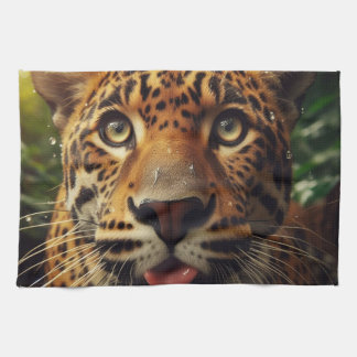 Leopard Stares While Lapping Water in Jungle  Kitchen Towel