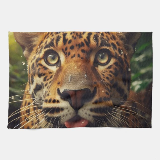 Leopard Stares While Lapping Water in Jungle  Kitchen Towel (Horizontal)