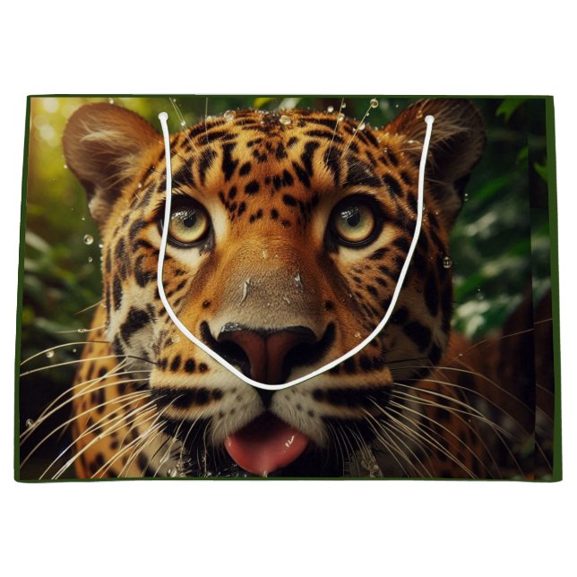 Leopard Stares While Lapping Water in Jungle  Large Gift Bag (Front)