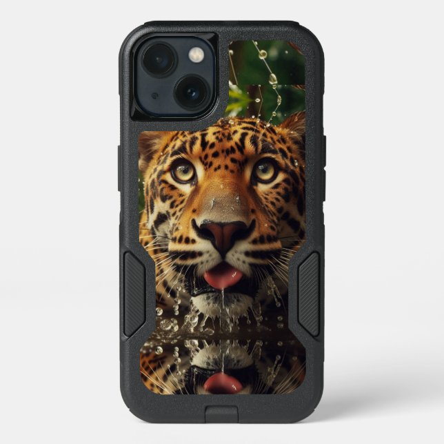 Leopard Stares While Lapping Water in Jungle  Otterbox iPhone Case (Back)