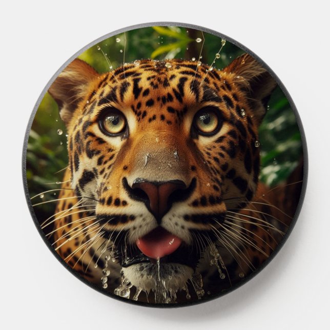 Leopard Stares While Lapping Water in Jungle  PopSocket (Popsocket)