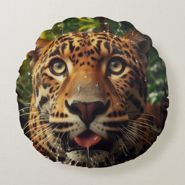 Leopard Stares While Lapping Water in Jungle  Round Pillow (Front)