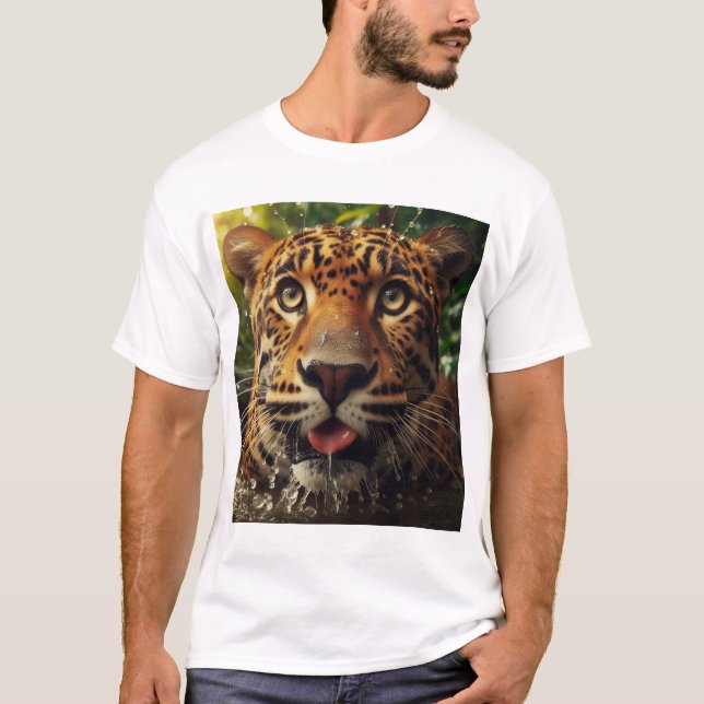 Leopard Stares While Lapping Water in Jungle  T-Shirt (Front)