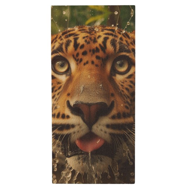Leopard Stares While Lapping Water in Jungle  Wood Flash Drive (Front Vertical)