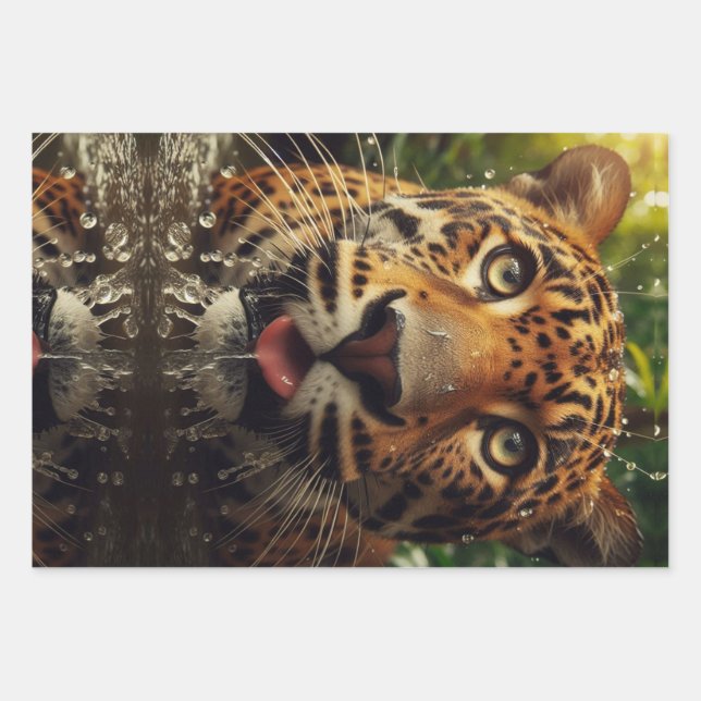 Leopard Stares While Lapping Water in Jungle  Wrapping Paper Sheets (Front 3)