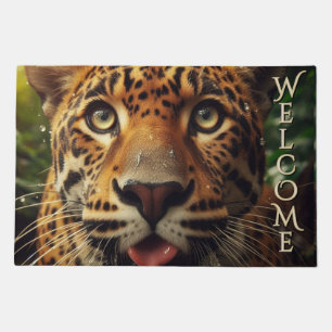 Leopard Stares While Lapping Water Welcome Doormat