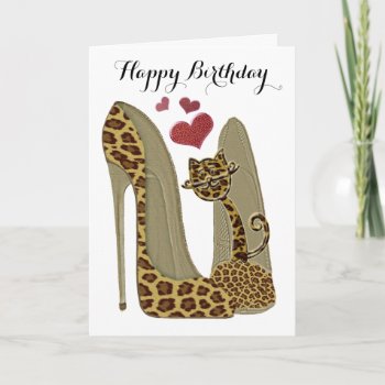 Leopard Stiletto Shoes And Cat Art Card by shoe_art at Zazzle