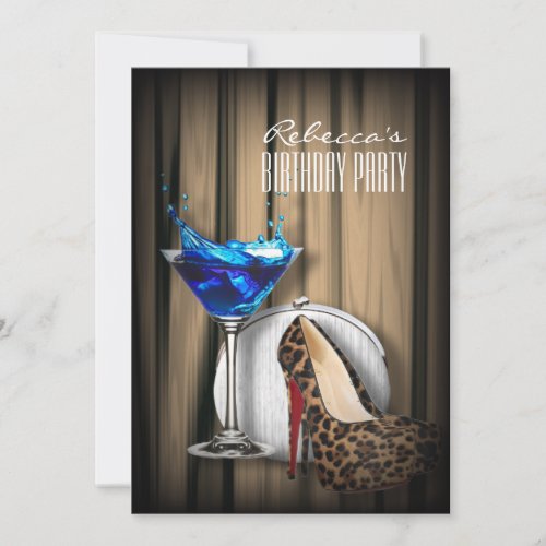 leopard stilettos blue martini cocktail party invitation