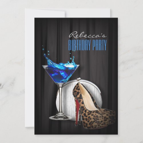 leopard stilettos blue martini cocktail party invitation