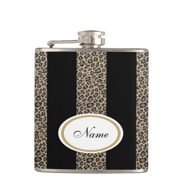 Leopard stripes elegant modern custome name black flask (Front)
