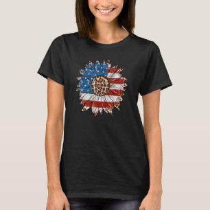 Leopard Sunflower American Flag Patriotic 4th Of J T-Shirt
