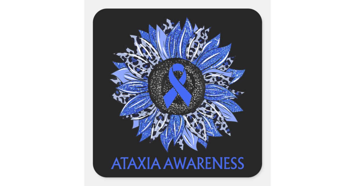 Leopard Sunflower Ataxia Awareness Blue Ribbon Sup Square Sticker | Zazzle