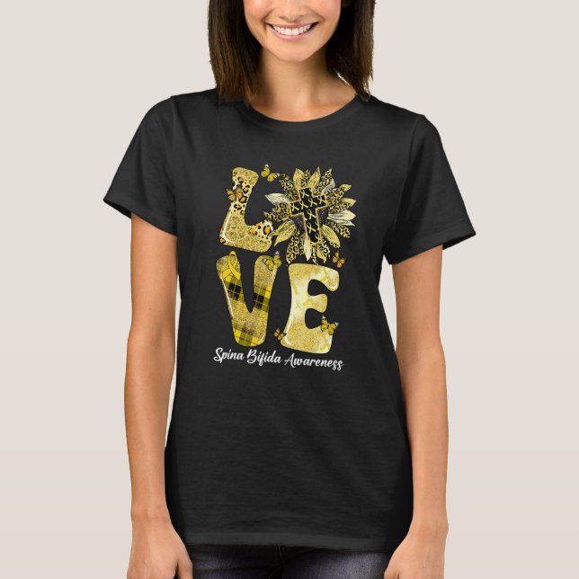 Leopard Sunflower LOVE Yellow Ribbon Spina Bifida  T-Shirt (Front)
