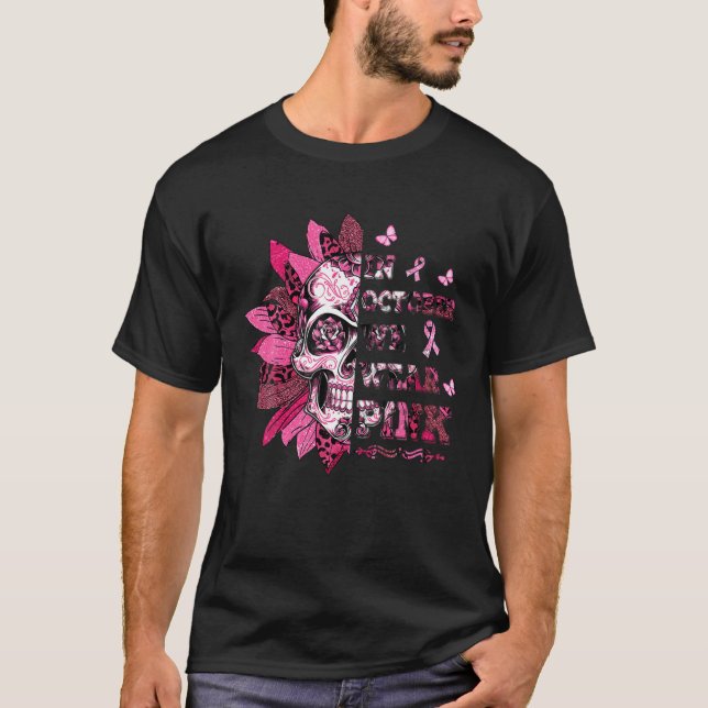 Leopard Sunflower Skull In October We Wear Pink T-Shirt (Front)