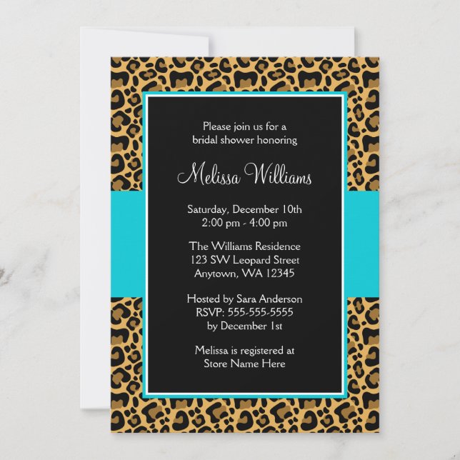 Leopard Teal Blue Bridal Shower Invitations (Front)