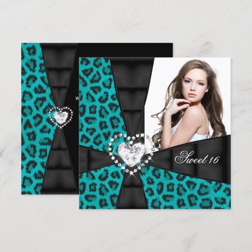 Leopard Teal Blue Sweet 16 Sixteen Birthday Party Personalized Invites