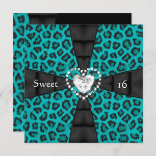 Leopard Teal Sweet 16 Sixteen Birthday Party Invitation