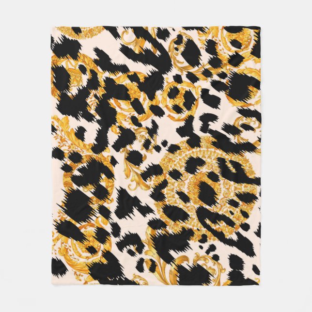 Leopard texture: gold baroque pattern. fleece blanket (Front)