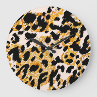 Leopard texture: gold baroque pattern. large clock