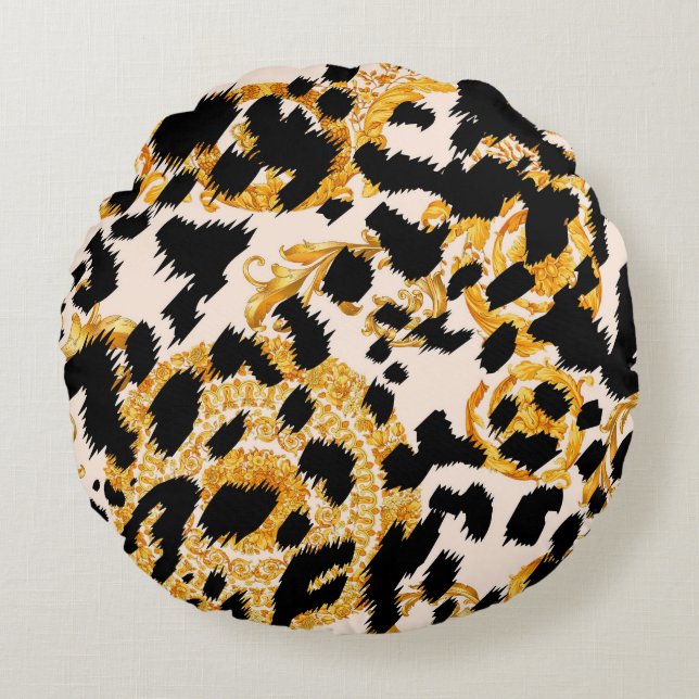 Leopard texture: gold baroque pattern. round pillow (Front)