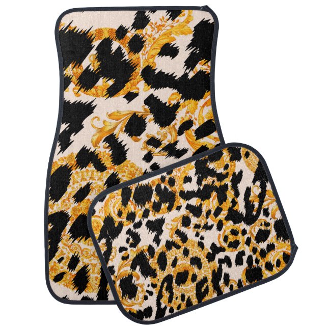 Leopard texture with gold baroque pattern car floor mat (Set)