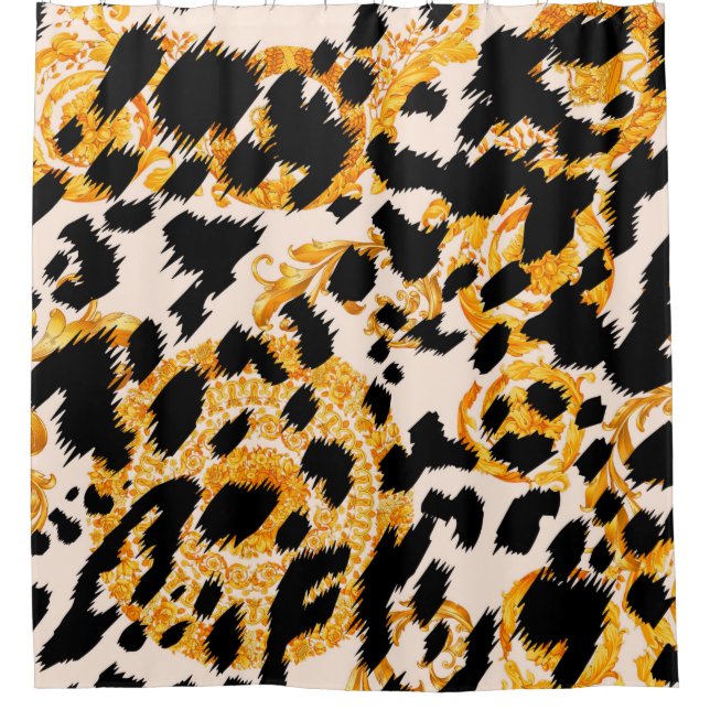 Leopard texture with gold baroque pattern shower curtain (Front)