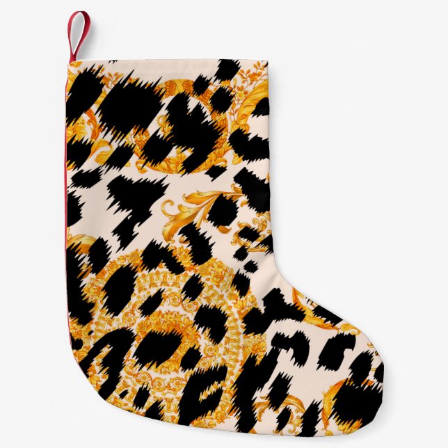 Leopard texture with gold baroque pattern small christmas stocking (Front)