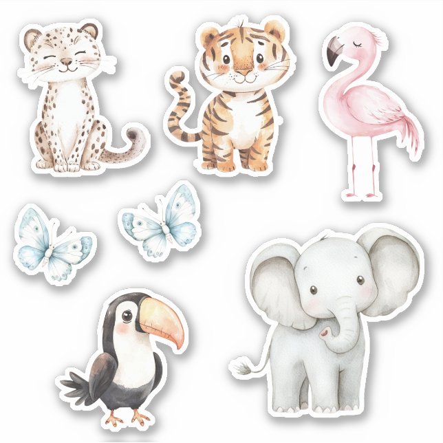 Leopard Tiger Flamingo Elephant Toucan Butterflies Sticker (Front)