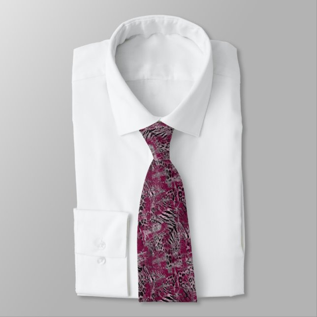 Leopard tiger grey maroon spotted neck tie (Tied)