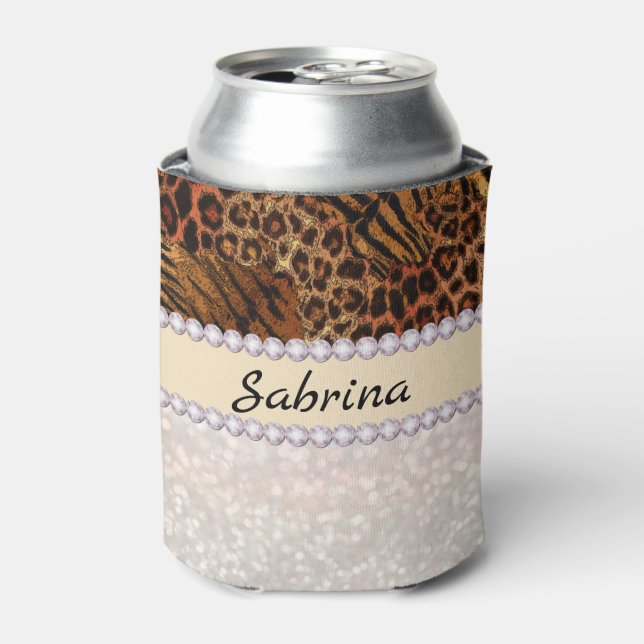 leopard tiger skin pink diamond glitter crystals can cooler (Can Front)