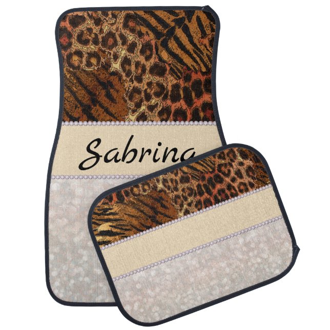 leopard tiger skin pink diamond glitter crystals car floor mat (Set)