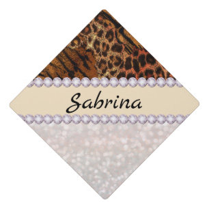 leopard tiger skin pink diamond glitter crystals graduation cap topper