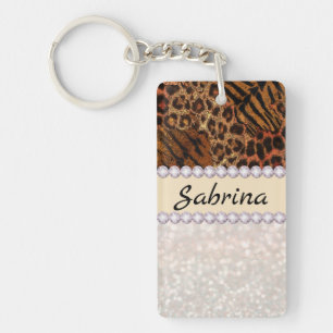 leopard tiger skin pink diamond glitter crystals keychain