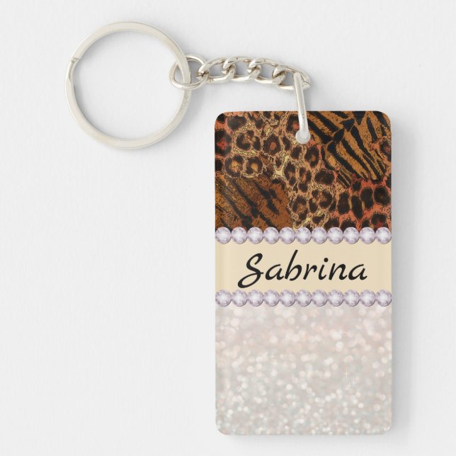 leopard tiger skin pink diamond glitter crystals keychain (Front)
