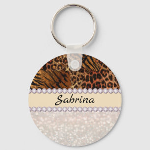 Leopard tiger skin pink diamond glitter crystals keychain
