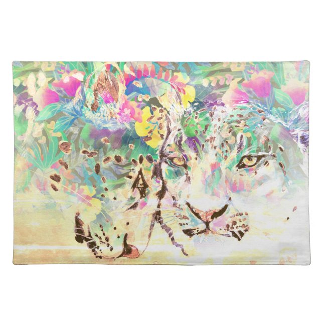 Leopard tropical floral Hawaiian pastel Cloth Placemat (Front)