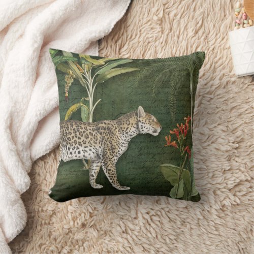 Leopard Tropical Floral n Foliage Jungle Green Red Throw Pillow