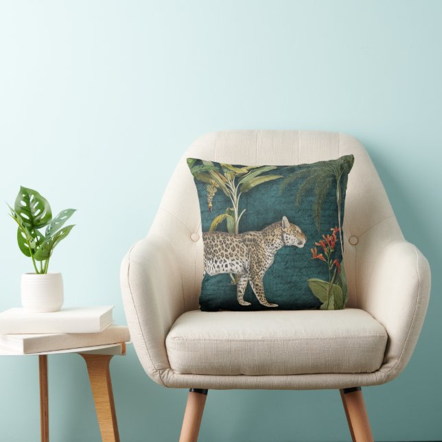 Leopard Tropical Floral n Foliage Jungle Teal Blue Throw Pillow (Chair)