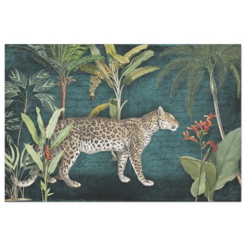 Leopard Tropical Floral n Foliage Teal Decoupage Tissue Paper
