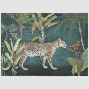 Leopard Tropical Floral n Foliage Teal Decoupage Tissue Paper