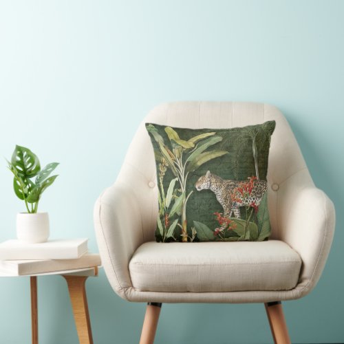Leopard Tropical Red Floral n Jungle Green Foliage Throw Pillow