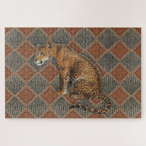 Leopard Vintage Print Rust Leather Snake Skin Gold Jigsaw Puzzle