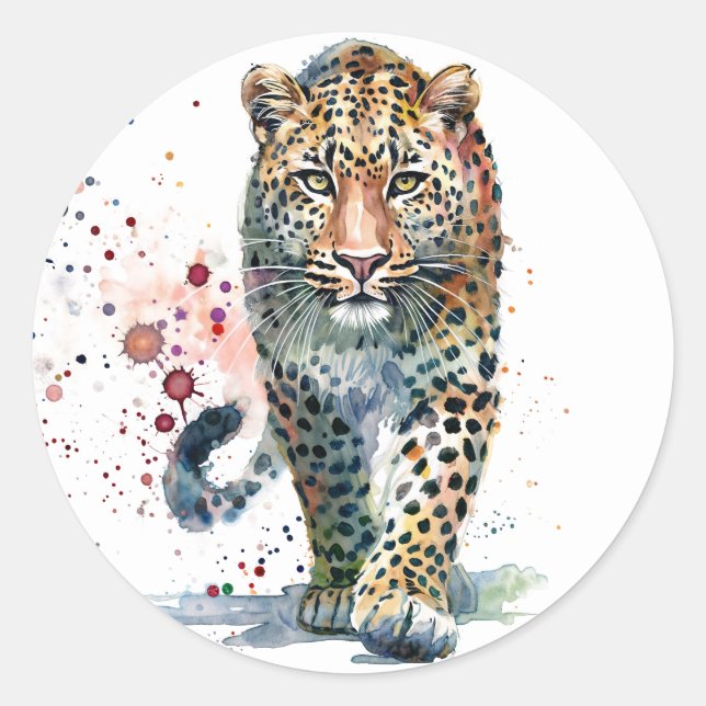 Leopard Walking Watercolor Classic Round Sticker (Front)