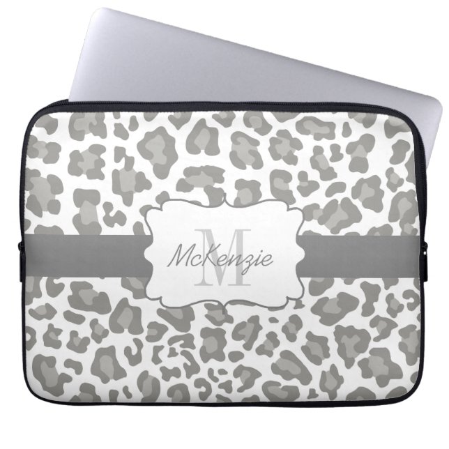 Leopard White and Gray Neoprene Laptop Sleeve (Front)