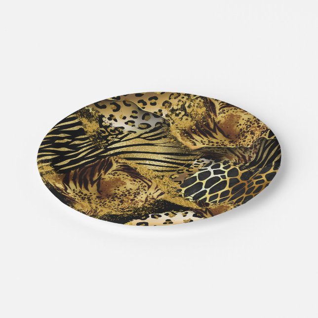 Leopard wild animal safari skin gold black paper plates (Angled)