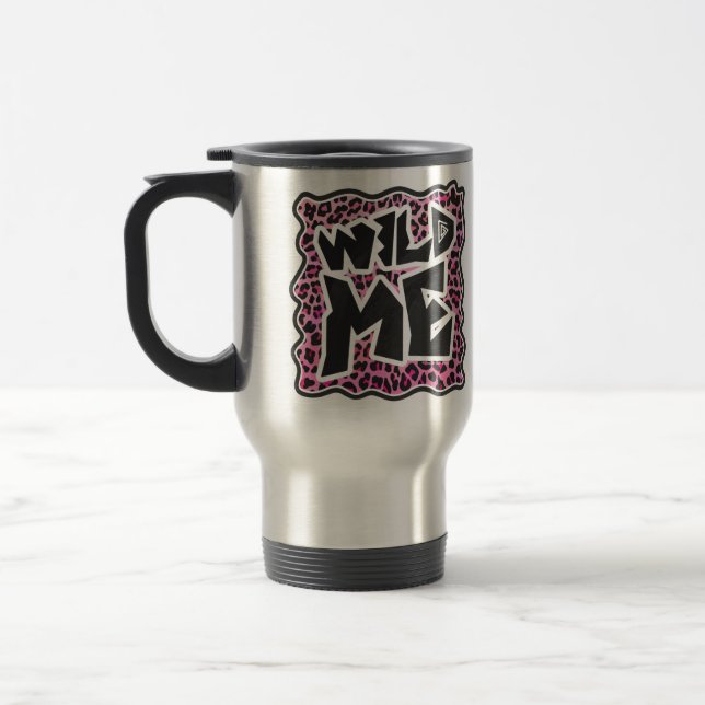 Leopard Wild Me Black and Hot Pink Design Travel Mug (Left)