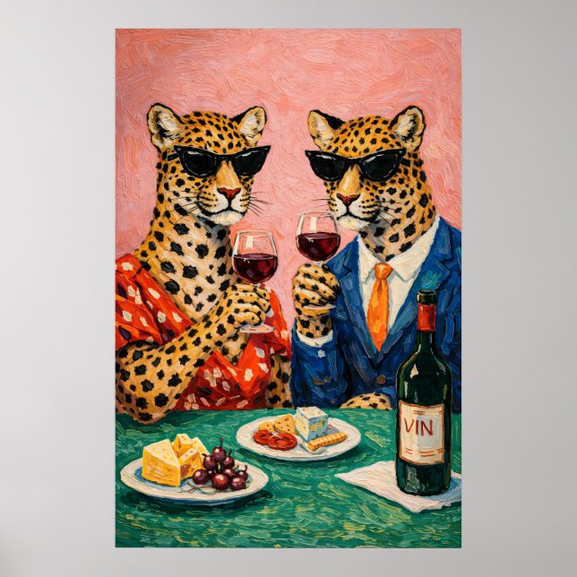 Leopard Wine Party Poster, Funny Animal Wall Art (Front)