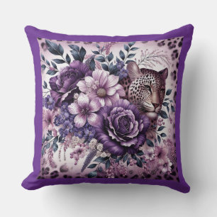 Leopard with Purple Flowers Throw Pillow