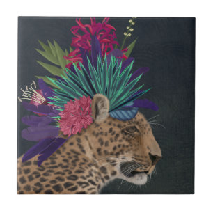 Leopard with Tropical Headpiece Ceramic Tile