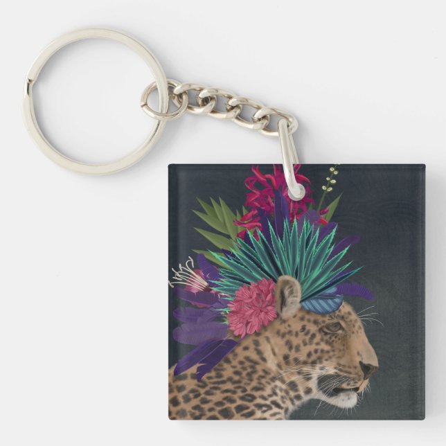 Leopard with Tropical Headpiece Keychain (Front)